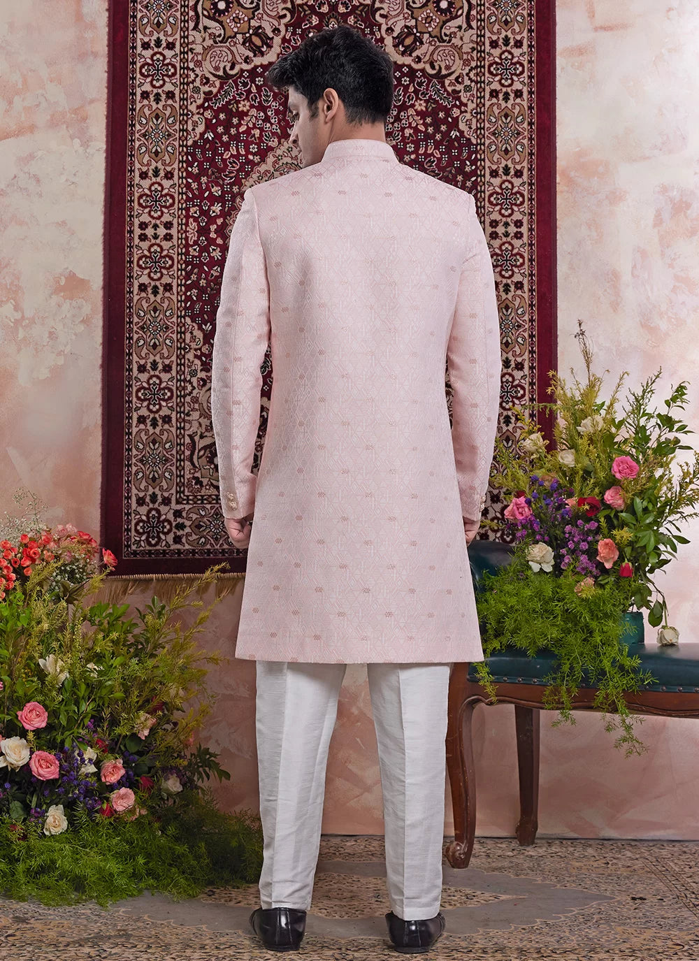 Raivat Ethnic Banarasi Jacquard Embroidery Indo Western Sherwani In Pink Colour - Distacart