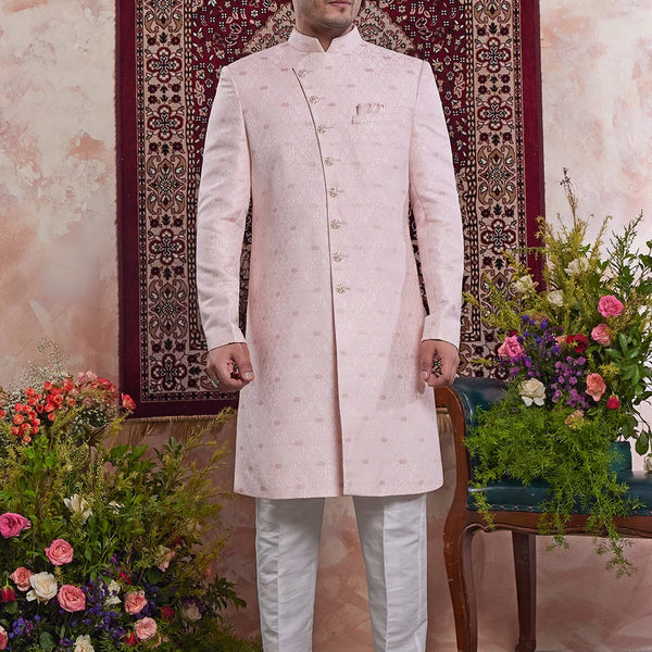 Raivat Ethnic Banarasi Jacquard Embroidery Indo Western Sherwani In Pink Colour - Distacart