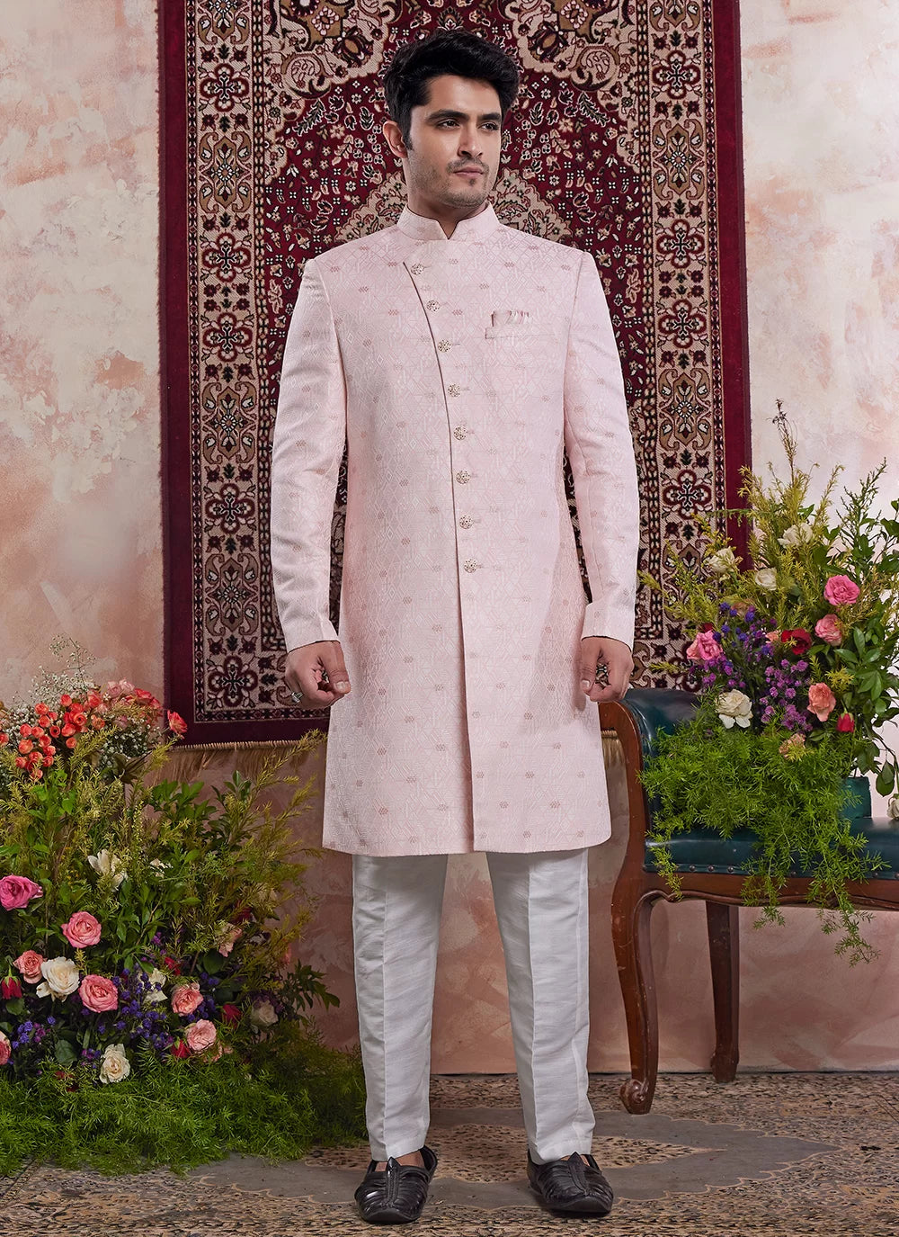 Raivat Ethnic Banarasi Jacquard Embroidery Indo Western Sherwani In Pink Colour - Distacart