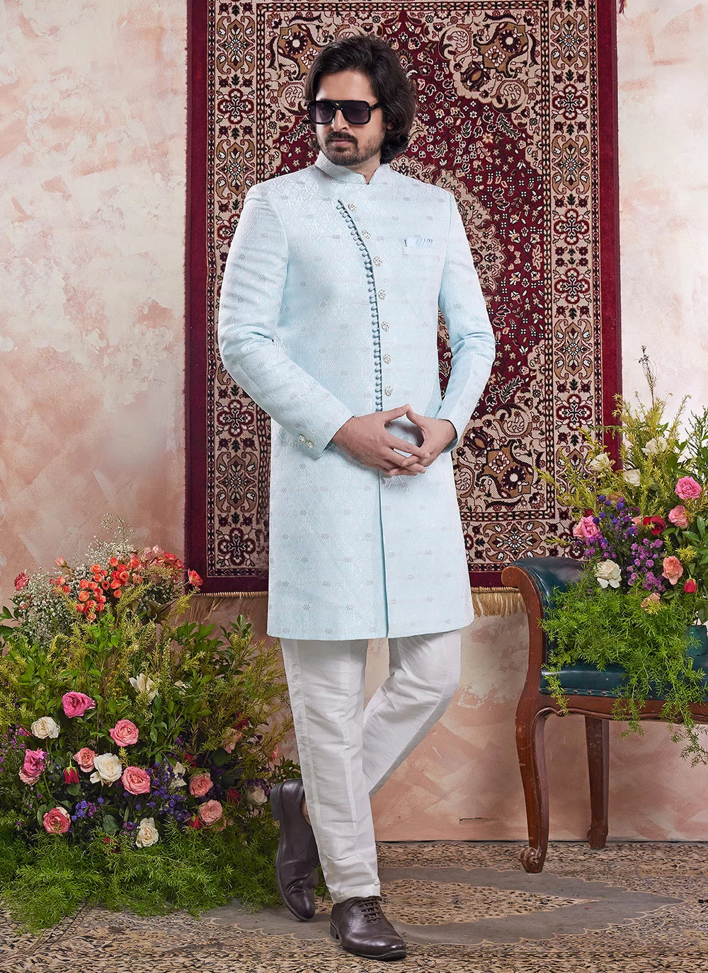 Raivat Ethnic Banarasi Jacquard Embroidery Indo Western Sherwani In Sky Blue Colour - Distacart
