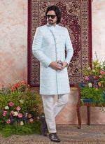 Thumbnail for Raivat Ethnic Banarasi Jacquard Embroidery Indo Western Sherwani In Sky Blue Colour - Distacart