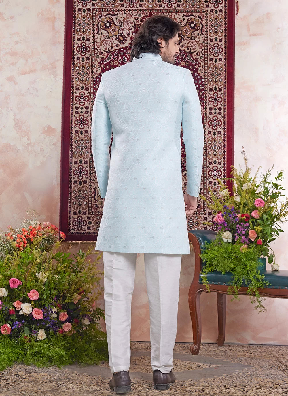 Raivat Ethnic Banarasi Jacquard Embroidery Indo Western Sherwani In Sky Blue Colour - Distacart