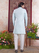 Thumbnail for Raivat Ethnic Banarasi Jacquard Embroidery Indo Western Sherwani In Sky Blue Colour - Distacart