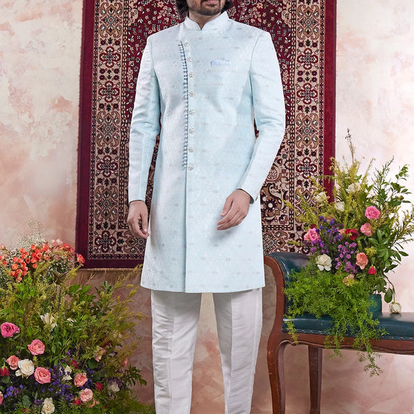 Raivat Ethnic Banarasi Jacquard Embroidery Indo Western Sherwani In Sky Blue Colour - Distacart