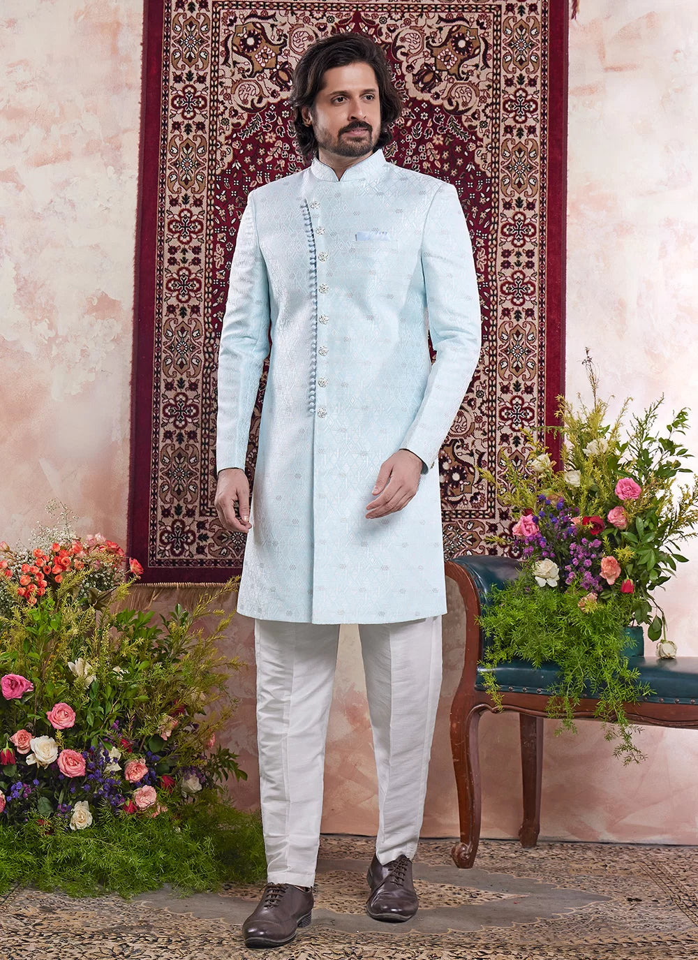 Raivat Ethnic Banarasi Jacquard Embroidery Indo Western Sherwani In Sky Blue Colour