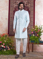 Thumbnail for Raivat Ethnic Banarasi Jacquard Embroidery Indo Western Sherwani In Sky Blue Colour - Distacart