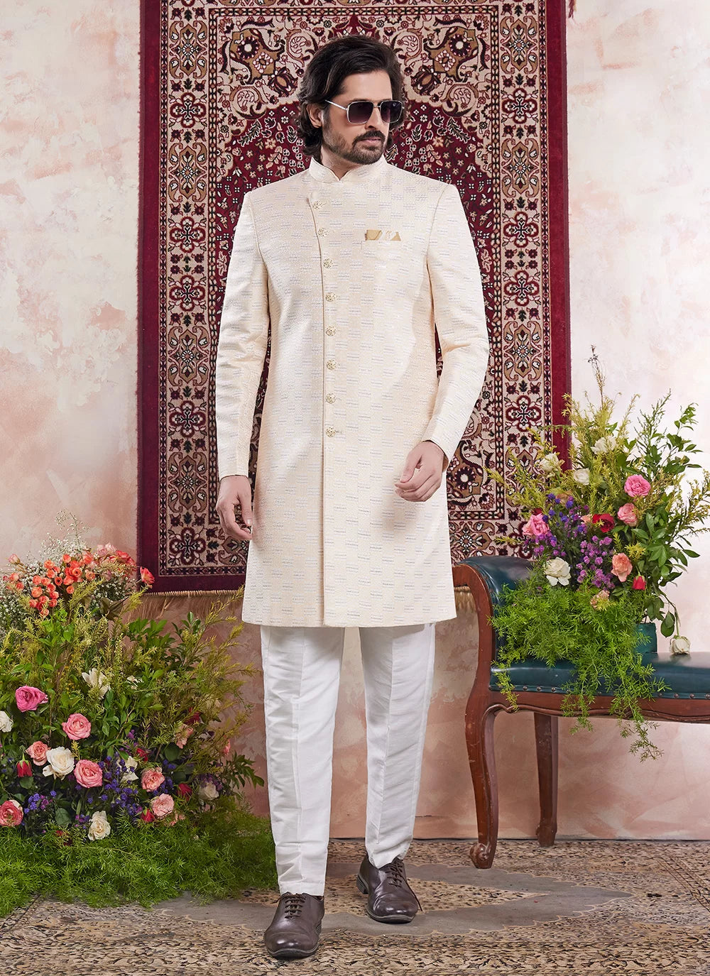 Raivat Ethnic Banarasi Jacquard Embroidery Indo Western Sherwani In Yellow Colour - Distacart