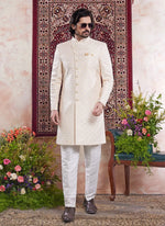 Thumbnail for Raivat Ethnic Banarasi Jacquard Embroidery Indo Western Sherwani In Yellow Colour - Distacart