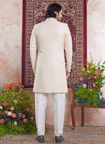 Thumbnail for Raivat Ethnic Banarasi Jacquard Embroidery Indo Western Sherwani In Yellow Colour - Distacart