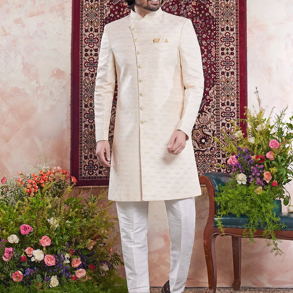 Raivat Ethnic Banarasi Jacquard Embroidery Indo Western Sherwani In Yellow Colour - Distacart
