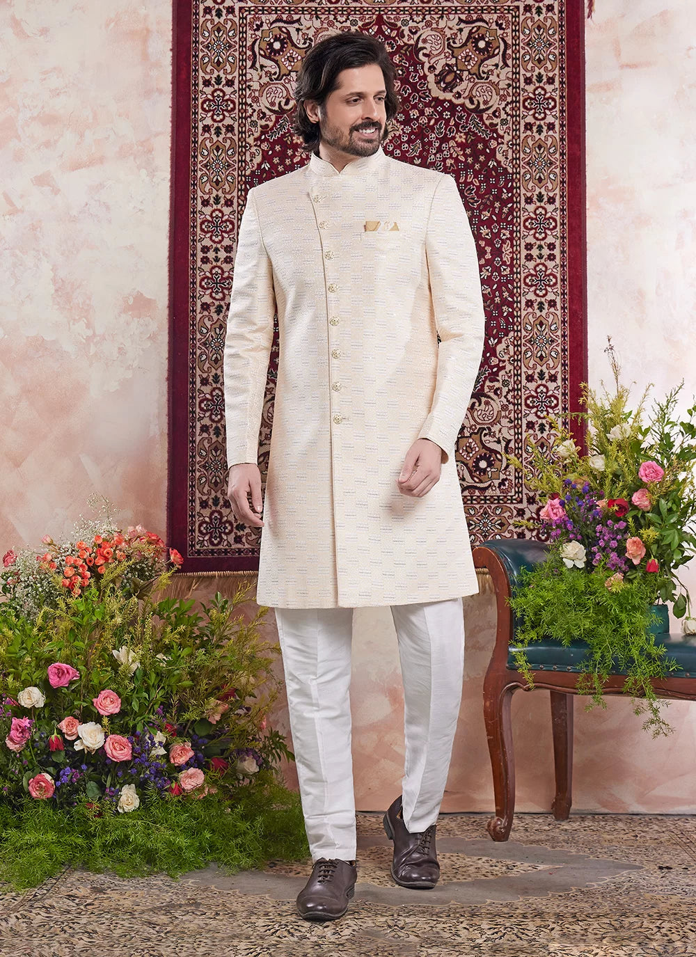 Raivat Ethnic Banarasi Jacquard Embroidery Indo Western Sherwani In Yellow Colour - Distacart