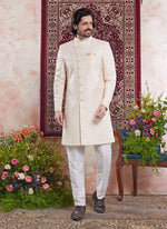 Thumbnail for Raivat Ethnic Banarasi Jacquard Embroidery Indo Western Sherwani In Yellow Colour - Distacart