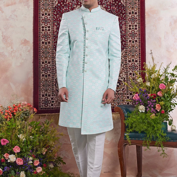 Raivat Ethnic Banarasi Jacquard Embroidery Indo Western Sherwani In Green Colour - Distacart