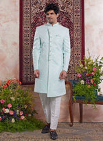 Thumbnail for Raivat Ethnic Banarasi Jacquard Embroidery Indo Western Sherwani In Green Colour - Distacart