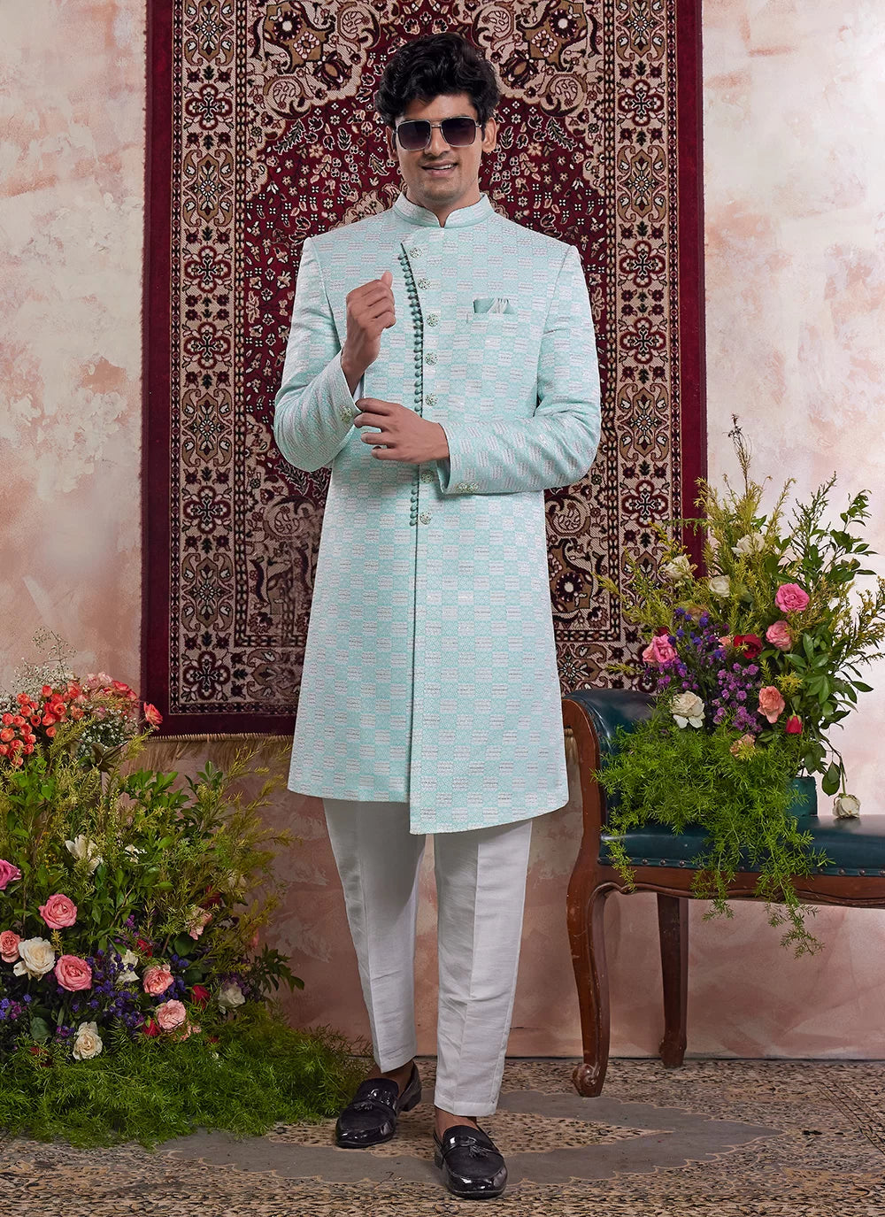 Raivat Ethnic Banarasi Jacquard Embroidery Indo Western Sherwani In Green Colour - Distacart