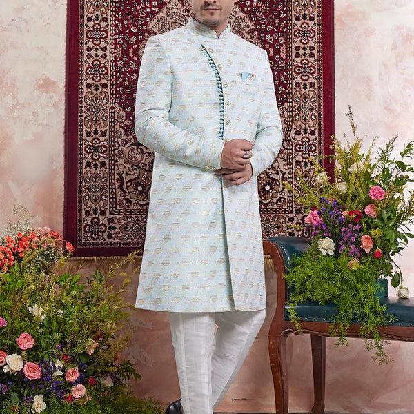 Raivat Ethnic Banarasi Jacquard Embroidery Indo Western Sherwani In Blue Colour - Distacart
