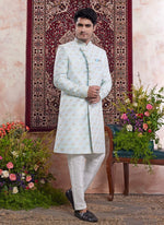 Thumbnail for Raivat Ethnic Banarasi Jacquard Embroidery Indo Western Sherwani In Blue Colour - Distacart