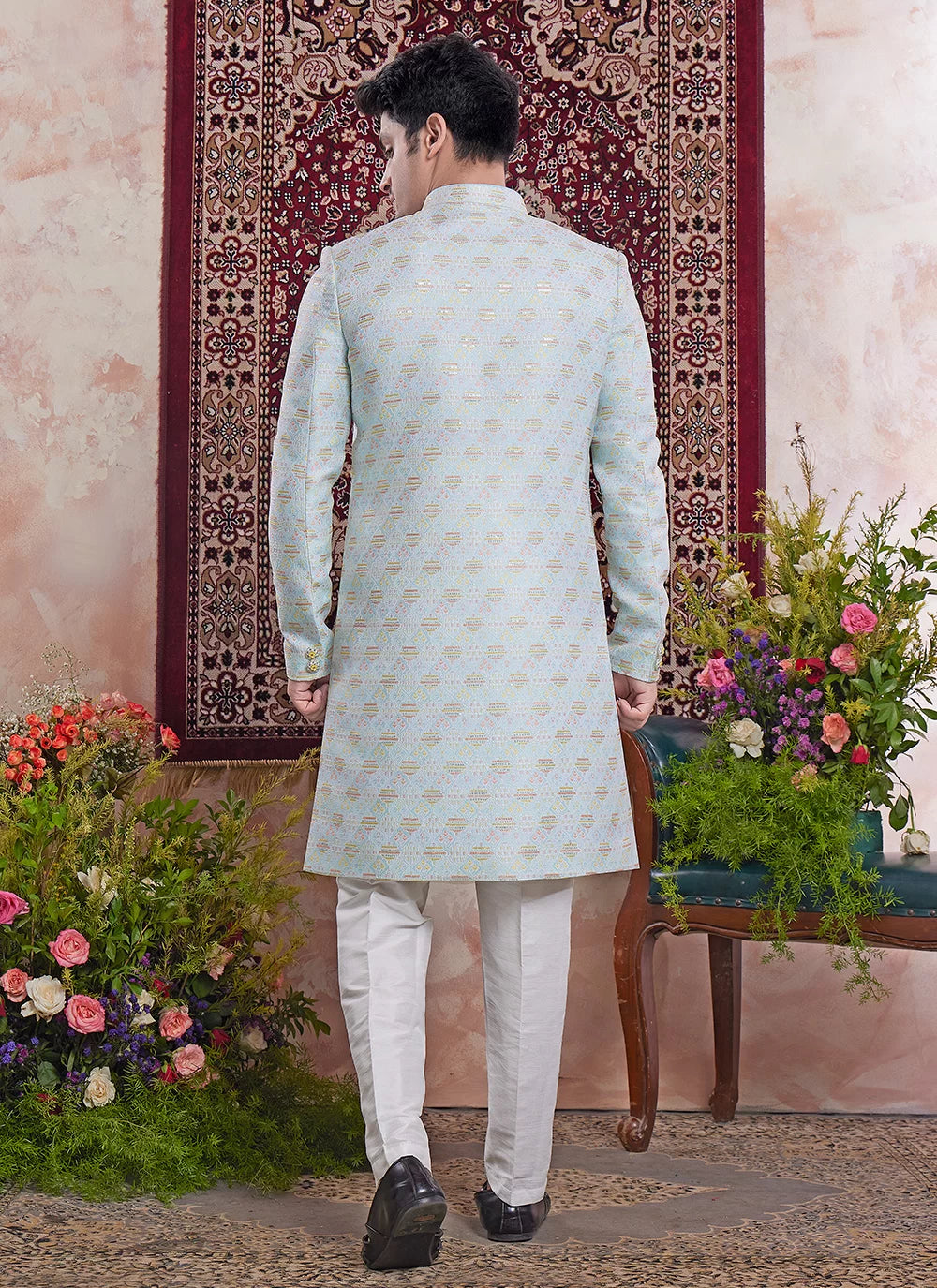 Raivat Ethnic Banarasi Jacquard Embroidery Indo Western Sherwani In Blue Colour - Distacart