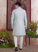 Thumbnail for Raivat Ethnic Banarasi Jacquard Embroidery Indo Western Sherwani In Blue Colour - Distacart