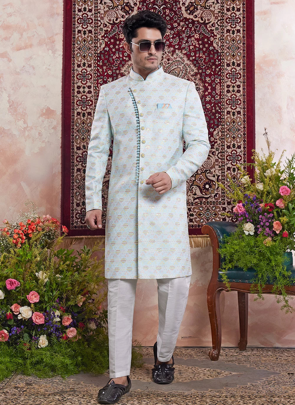 Raivat Ethnic Banarasi Jacquard Embroidery Indo Western Sherwani In Blue Colour - Distacart