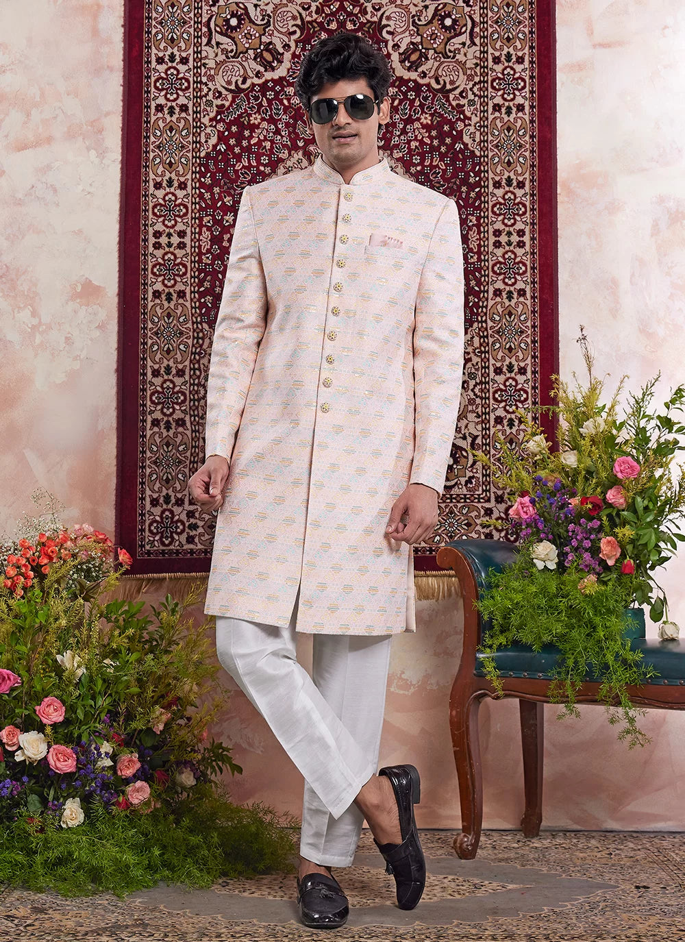 Raivat Ethnic Banarasi Jacquard Embroidery Indo Western Sherwani In Light Orange Colour - Distacart