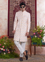 Thumbnail for Raivat Ethnic Banarasi Jacquard Embroidery Indo Western Sherwani In Light Orange Colour - Distacart