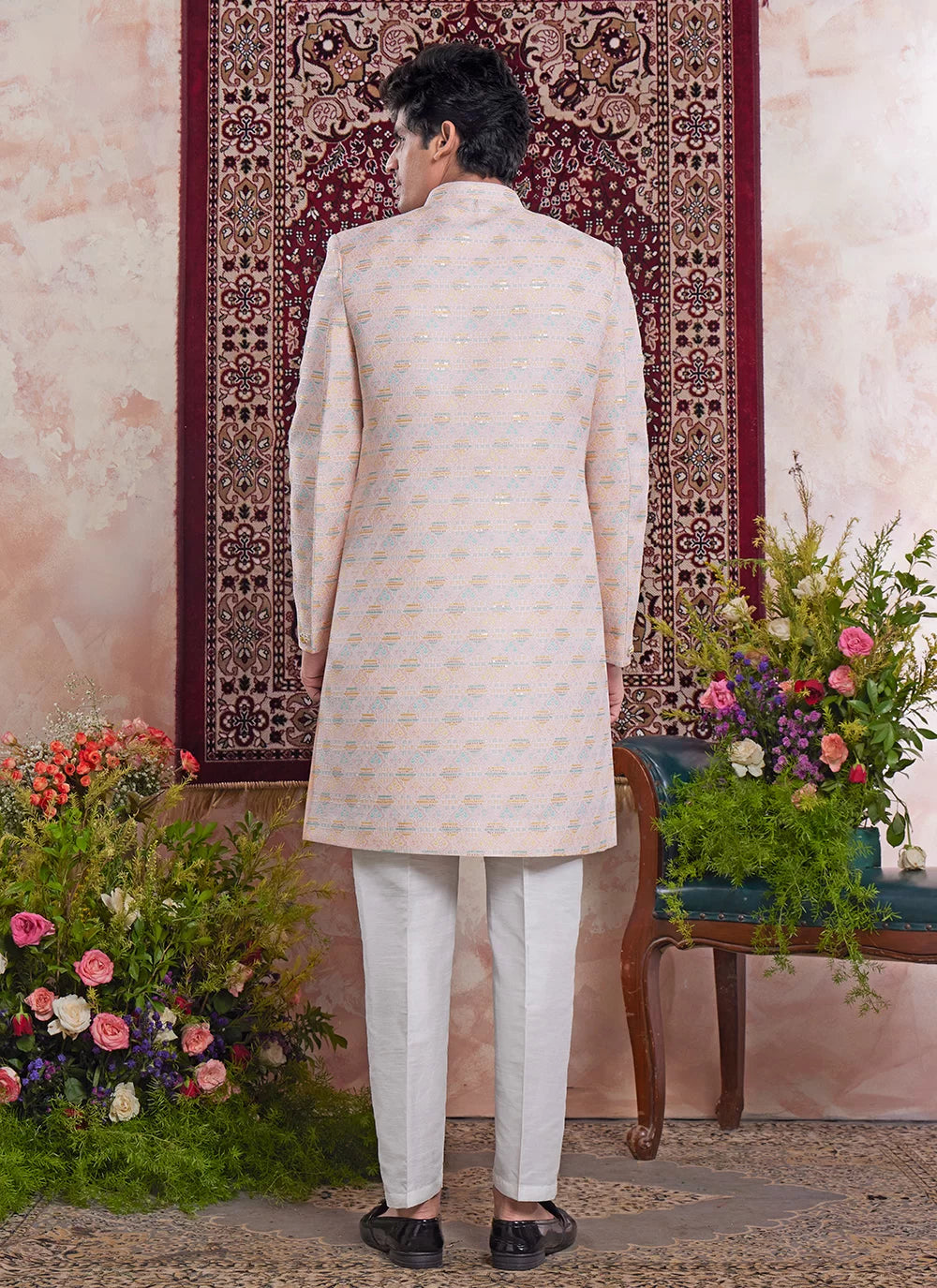 Raivat Ethnic Banarasi Jacquard Embroidery Indo Western Sherwani In Light Orange Colour - Distacart