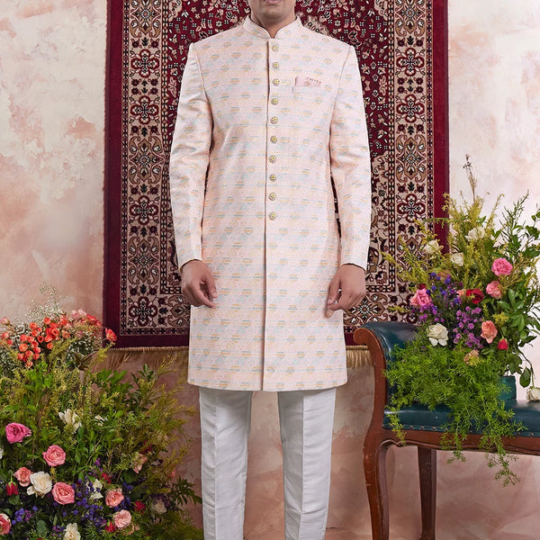 Raivat Ethnic Banarasi Jacquard Embroidery Indo Western Sherwani In Light Orange Colour - Distacart