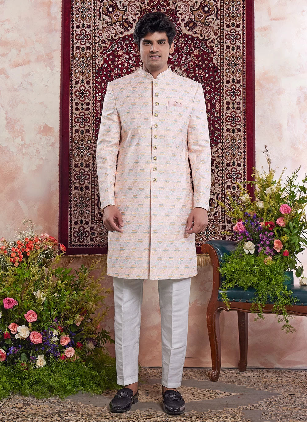 Raivat Ethnic Banarasi Jacquard Embroidery Indo Western Sherwani In Light Orange Colour