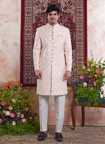Thumbnail for Raivat Ethnic Banarasi Jacquard Embroidery Indo Western Sherwani In Light Orange Colour - Distacart
