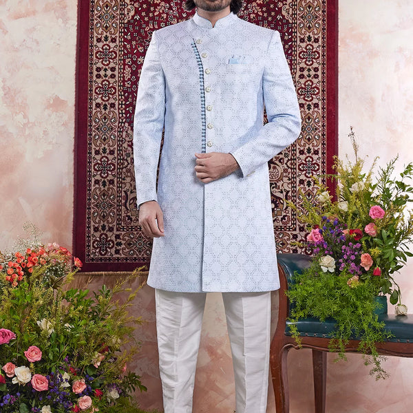 Raivat Ethnic Banarasi Jacquard Embroidery Indo Western Sherwani In Blue Colour - Distacart