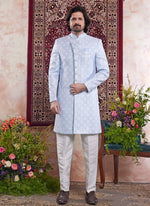 Thumbnail for Raivat Ethnic Banarasi Jacquard Embroidery Indo Western Sherwani In Blue Colour - Distacart