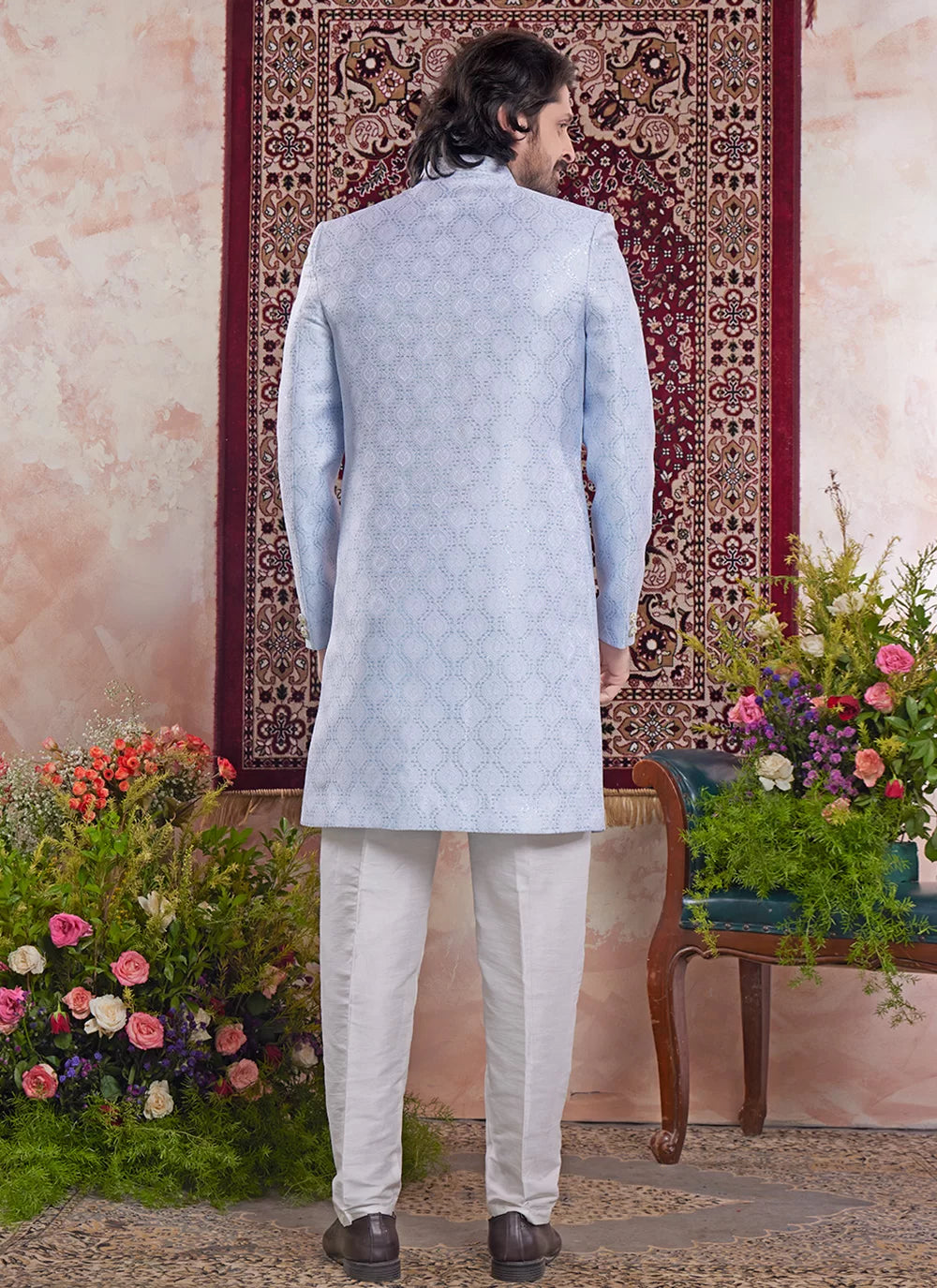 Raivat Ethnic Banarasi Jacquard Embroidery Indo Western Sherwani In Blue Colour - Distacart