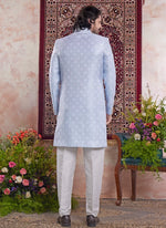 Thumbnail for Raivat Ethnic Banarasi Jacquard Embroidery Indo Western Sherwani In Blue Colour - Distacart