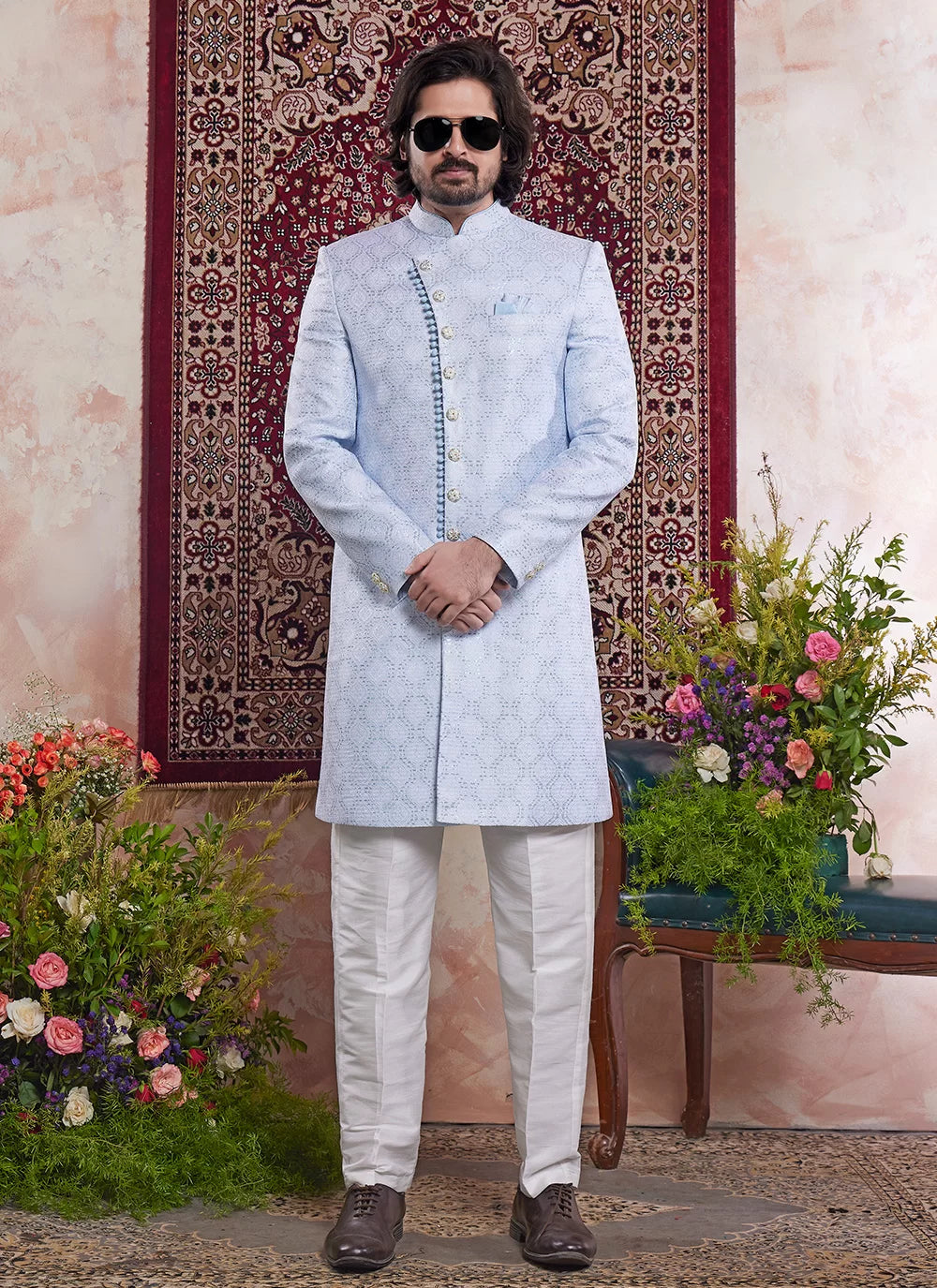 Raivat Ethnic Banarasi Jacquard Embroidery Indo Western Sherwani In Blue Colour - Distacart