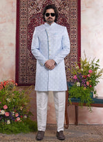Thumbnail for Raivat Ethnic Banarasi Jacquard Embroidery Indo Western Sherwani In Blue Colour - Distacart