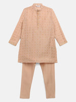 Thumbnail for Ahalyaa Boys Beige Chanderi Khari Printed Kids Kurta Churidar Set - Distacart