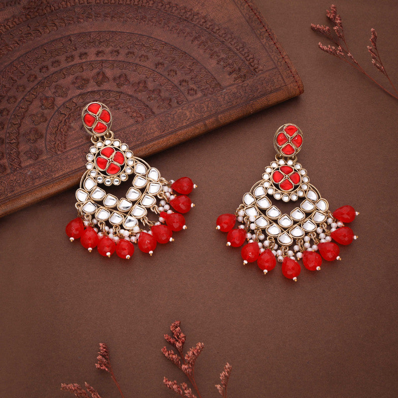 Tehzeeb Creations Gold Polish Kundan Red Colour Earrings - Distacart