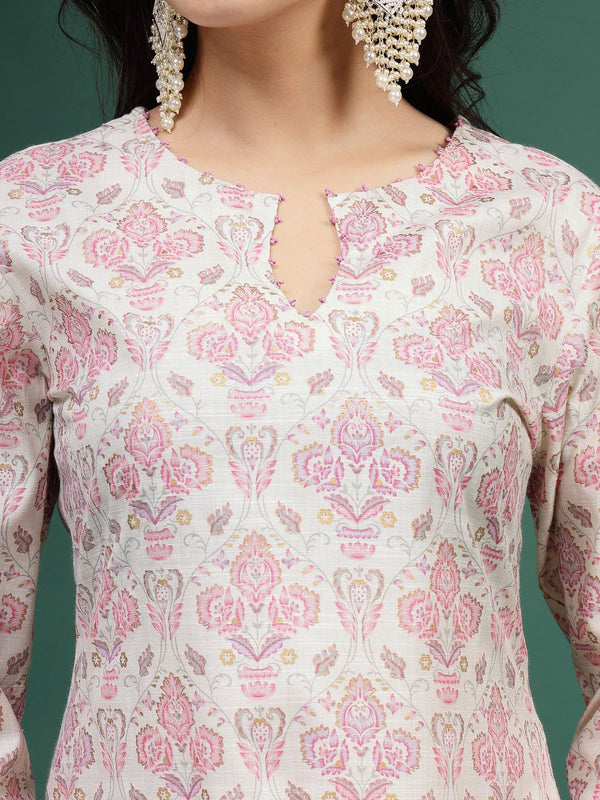 Sangria Floral Printed Cotton Notch Neck Straight Kurta
