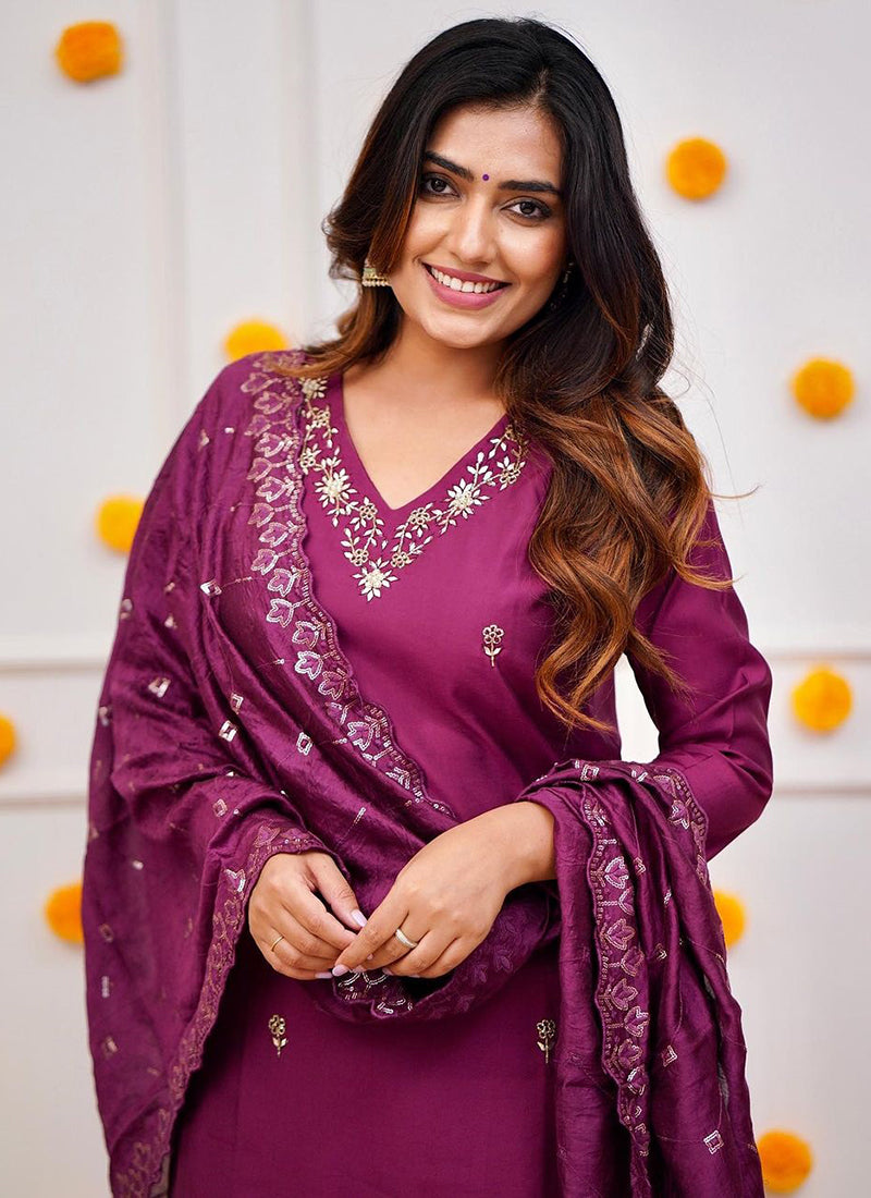 Vellora Roman Silk Magenta Festival Wear Sequins Work Readymade Straight Suit