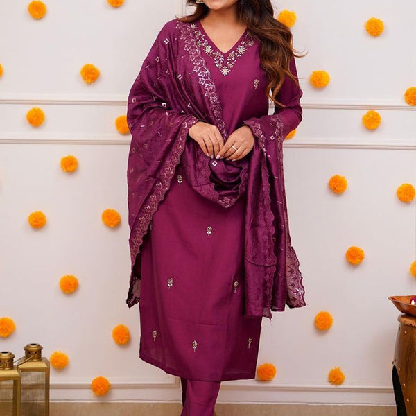 Vellora Roman Silk Magenta Festival Wear Sequins Work Readymade Straight Suit - Distacart