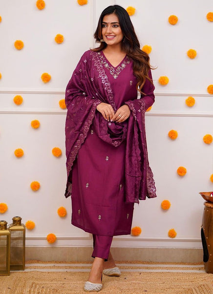 Vellora Roman Silk Magenta Festival Wear Sequins Work Readymade Straight Suit