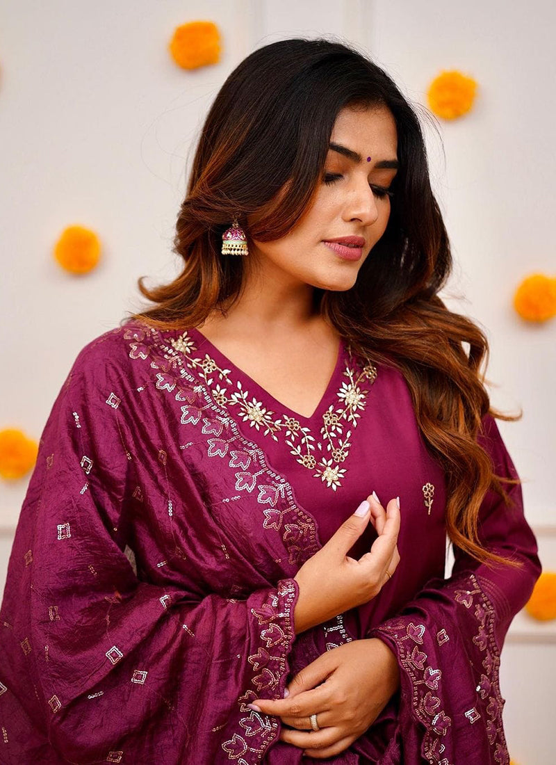 Vellora Roman Silk Magenta Festival Wear Sequins Work Readymade Straight Suit