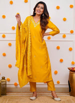 Thumbnail for Vellora Roman Silk Yellow Festival Wear Sequins Work Readymade Straight Suit