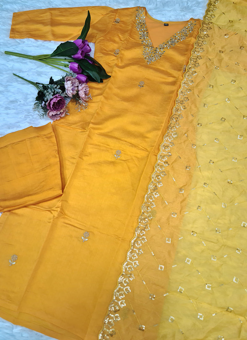 Vellora Roman Silk Yellow Festival Wear Sequins Work Readymade Straight Suit