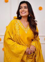 Thumbnail for Vellora Roman Silk Yellow Festival Wear Sequins Work Readymade Straight Suit