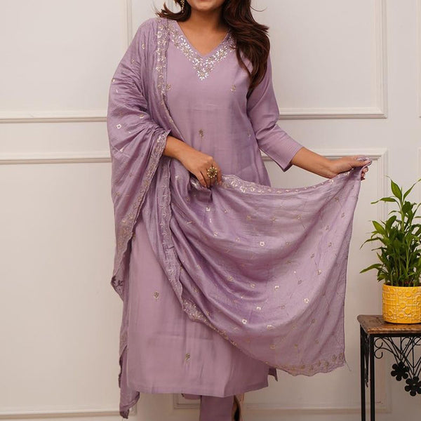 Vellora Roman Silk Lilac Festival Wear Sequins Work Readymade Straight Suit - Distacart
