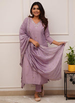 Thumbnail for Vellora Roman Silk Lilac Festival Wear Sequins Work Readymade Straight Suit