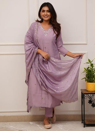 Vellora Roman Silk Lilac Festival Wear Sequins Work Readymade Straight Suit
