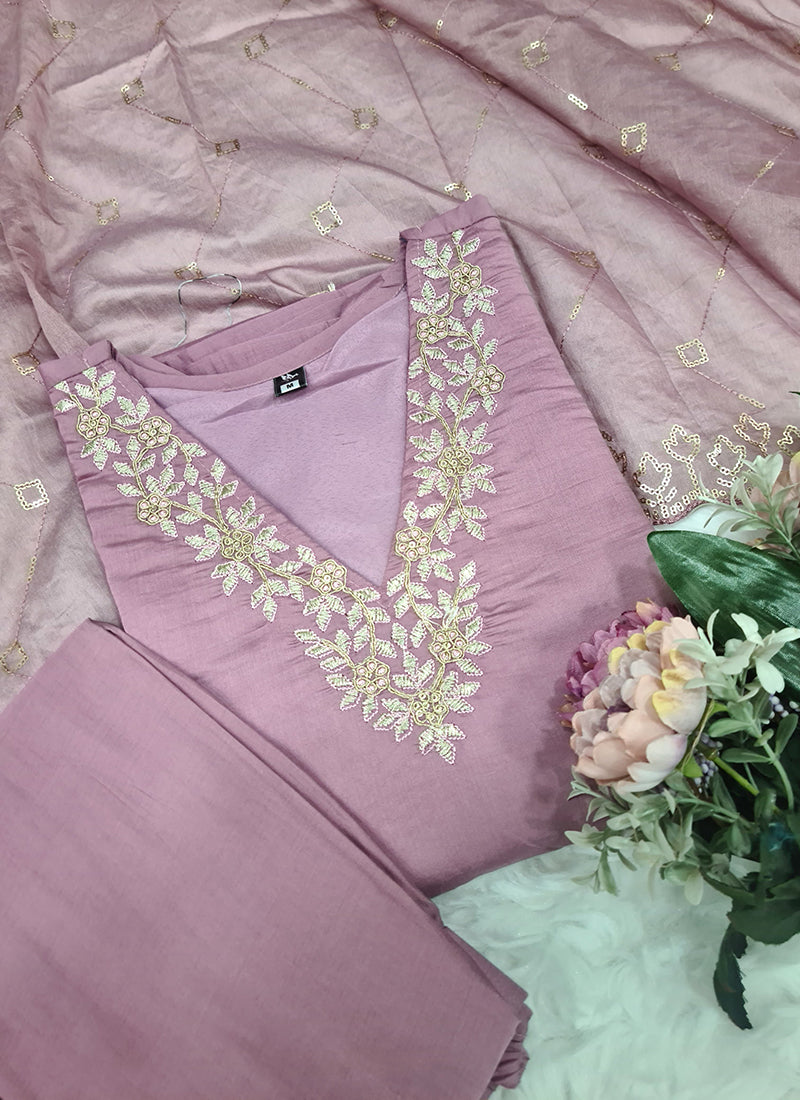 Vellora Roman Silk Lilac Festival Wear Sequins Work Readymade Straight Suit